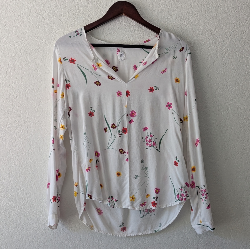 GAP White Pink Floral Blouse Lightweight Long Sleeves Split-Neck Top Size S